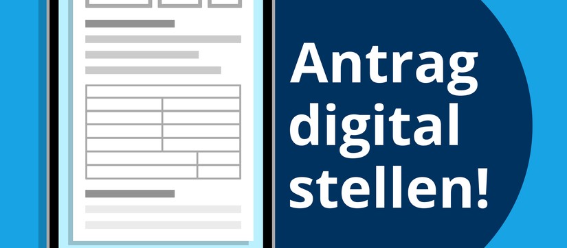 Illustration eines Tablets mit der schematischen Darstellung eines Formulars. Daneben steht die Botschaft "Antrag digital stellen!"